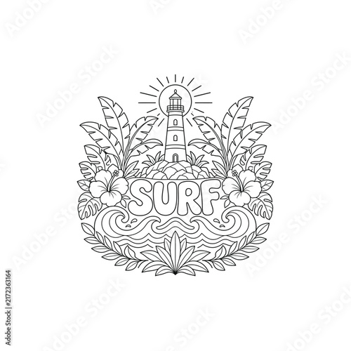Tall Lighthouse Banana Leaves Surf Line Art