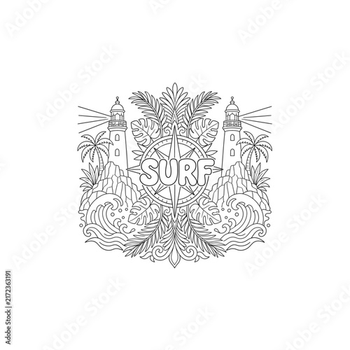 Twin Lighthouses Compass Rose Surf Line Art