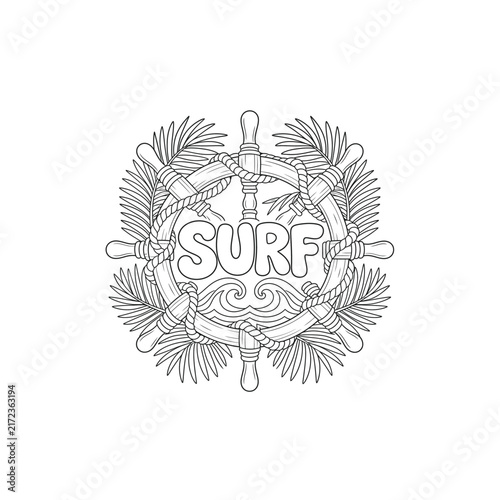 Ship Helm Wheel Palm Leaf Surf Line Art