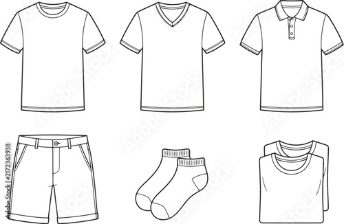 Set of men clothing sketches including t-shirts, polo shirt, shorts and socks for fashion design template and apparel manufacturing technical drawing illustration