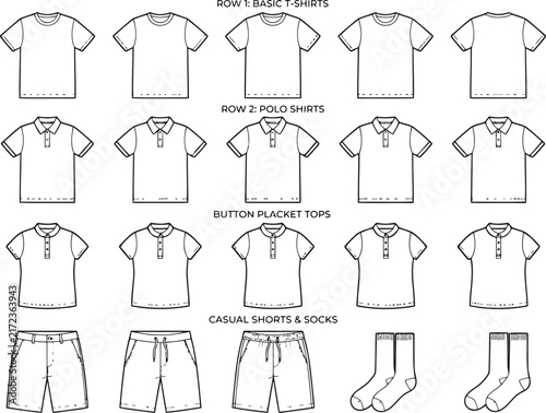 Set of fashion technical sketches for men including t-shirts polo shirts and casual shorts and socks in black and white line art style for clothing design