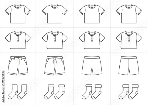 Set of clothing fashion sketches showing t-shirts henley shirts shorts and socks as flat technical vector designs for apparel design and clothing production