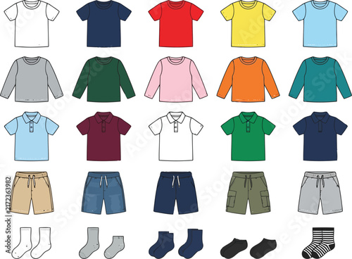 Set of colorful t-shirts polo shirts shorts and socks for kids clothing collection design templates in various flat colors for fashion apparel retail catalog