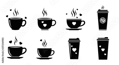 Variety of steaming coffee cups and takeaway cups with heart accents, depicting warmth and love for coffee in various styles