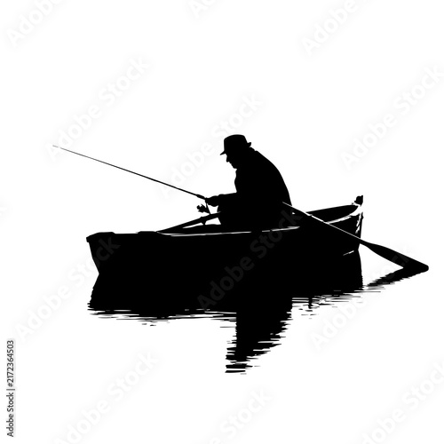 Black silhouette of a fisherman sitting in a rowboat holding a fishing rod