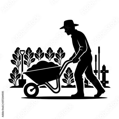 Farmer pushing a wheelbarrow through a cultivated vegetable garden patch