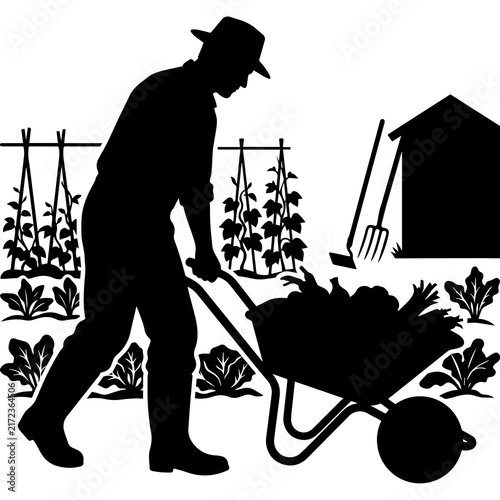 Gardener pushing a wheelbarrow filled with harvested vegetables in a garden
