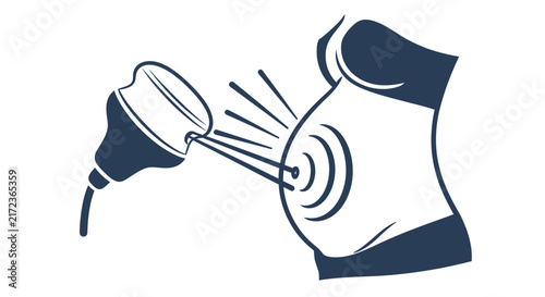 Ultrasound pregnancy examination illustration showing medical probe scanning pregnant woman stomach with sound waves for prenatal health check and fetal monitoring