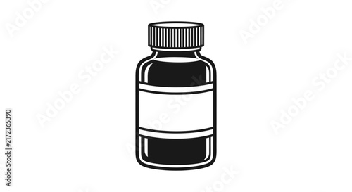 Simple black and white illustration of a small bottle with a cap and label, isolated on a white background, representing medicine or liquid contents