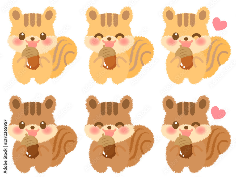 Fototapeta premium どんぐりを食べるかわいいリスのイラスト素材セット3