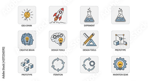 Creative process concept set ideas spark experiment design tools prototype iteration invention gear for business development and innovation