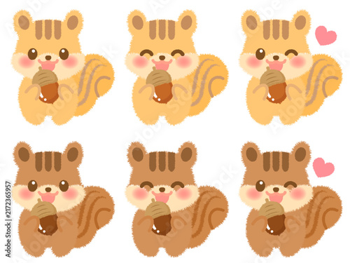 どんぐりを食べるかわいいリスのイラスト素材セット3