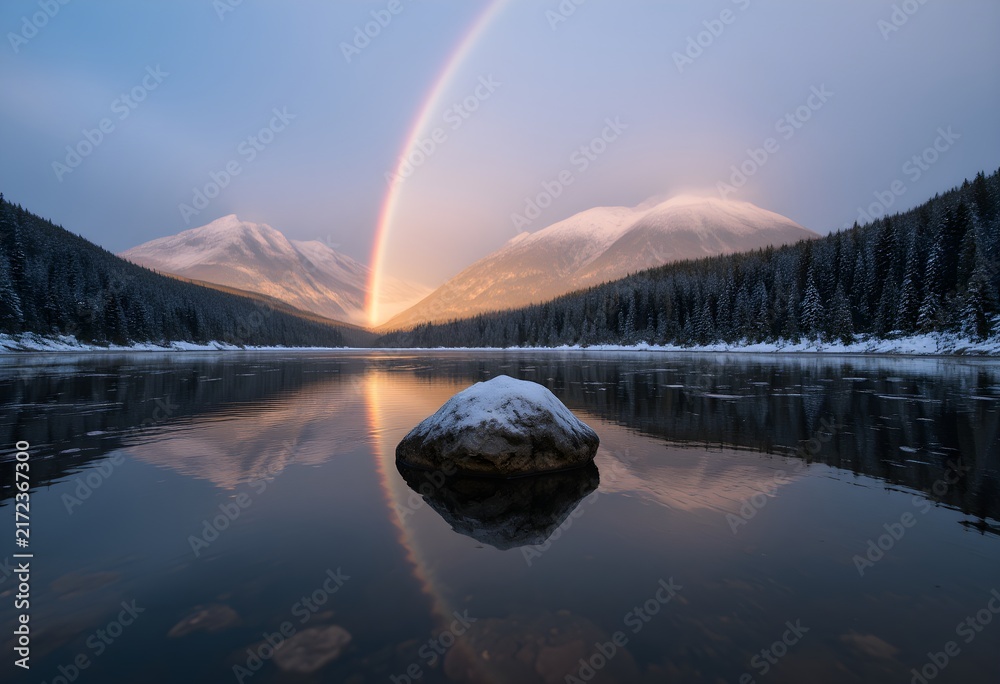 Naklejka premium Rainbow snow dusted landscape reflection in still water