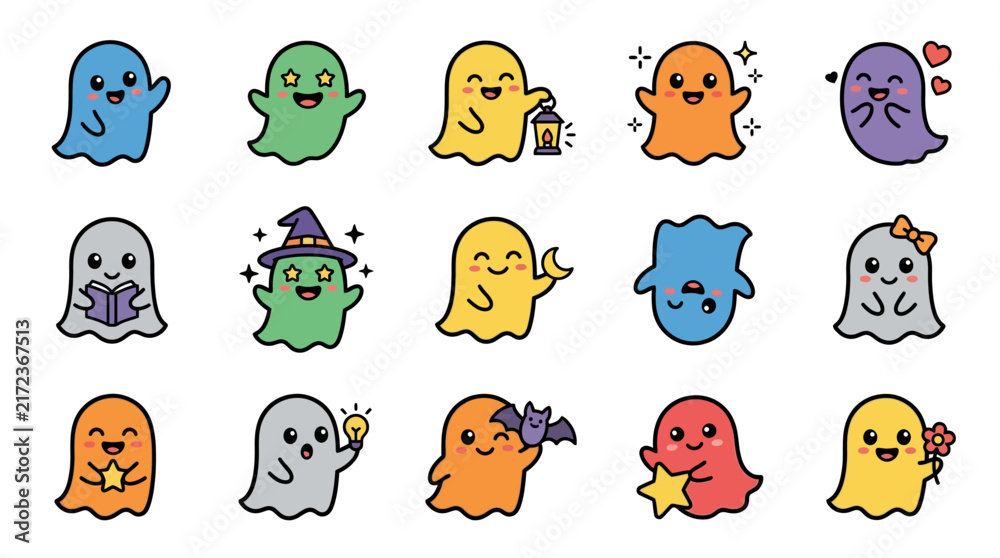 Obraz premium Collection of Cute Cartoon Ghosts with Various Expressions and Accessories.