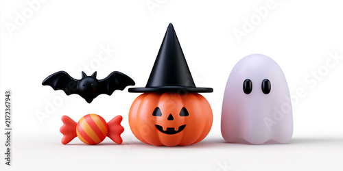 3D Halloween symbols collection including pumpkin, ghost, bat, and candy  