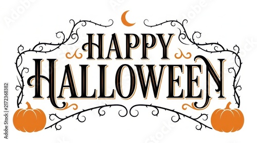 Happy halloween typography banner with pumpkins and decorative vines
