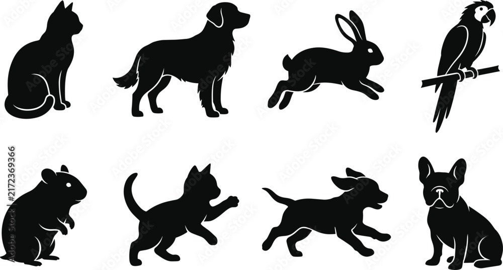 Obraz premium Domestic Pets Silhouette Set Cat Dog Rabbit Parrot Vector