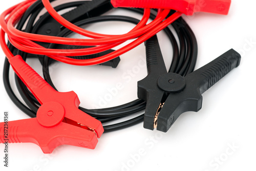 Fotografía Red and black jumper cables with clamps isolated on a white background