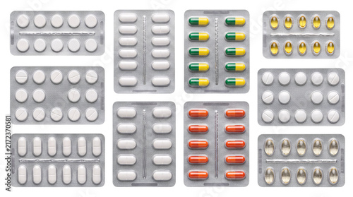Картината върху платно Assortment of ten blister packs with various medications on png on isolated back
