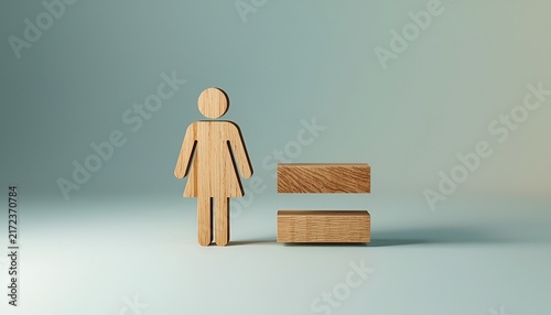 Gender Equality Concept with Carved Wooden Figure and Equal Sign, Minimalist Natural Wood Symbolism on Soft Blue Green Background