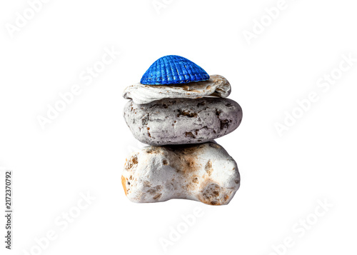 Canvastavla Stacked Sea Stones and Blue Seashell on Transparent Background