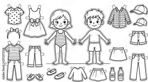 Cute Paper Doll Coloring Page Vector Set with Boy and Girl Characters Mix and Match Clothes Outfits for Kids Educational Activity Worksheet