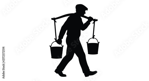 Man carrying buckets with yoke on shoulders black silhouette porter