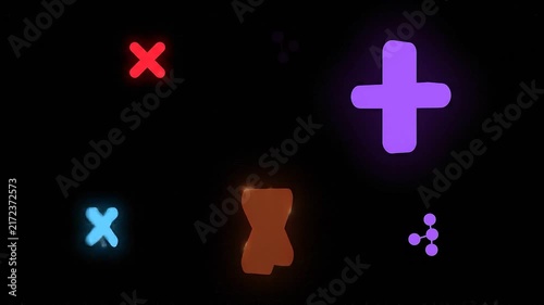 Colorful Neon Symbols And Abstract Geometric Shapes Bouncing In The Dark