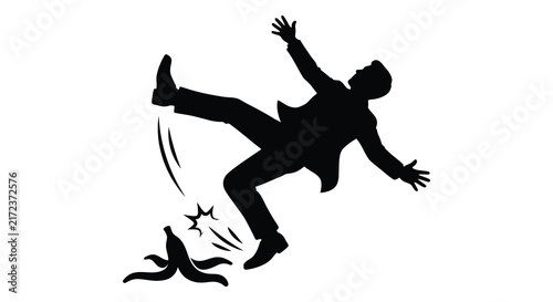 Man slipping on banana peel black silhouette against a white background