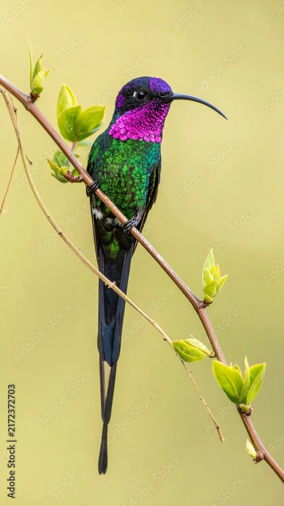 Naklejka premium Vibrant Iridescent Hummingbird Perched on a Budding Branch