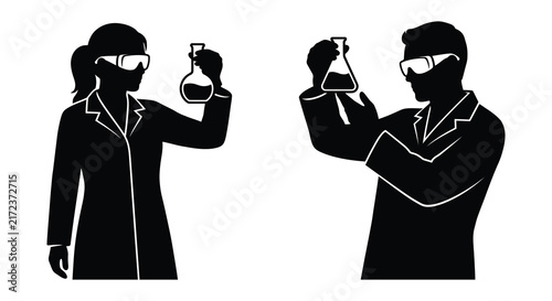 Two scientists holding flasks in a laboratory black silhouette scientist