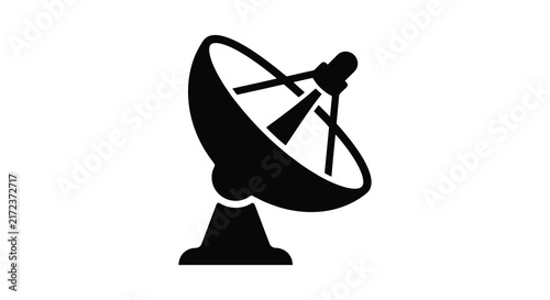 Satellite dish with antenna a black silhouette against a white background