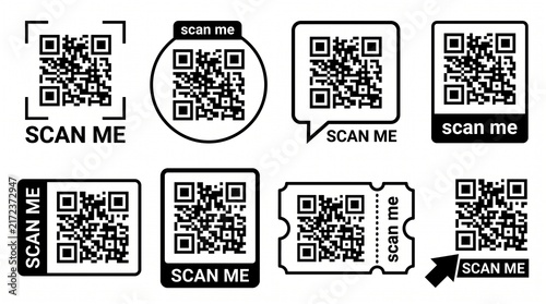 Фотография QR code icon set with scan me text frames on white background