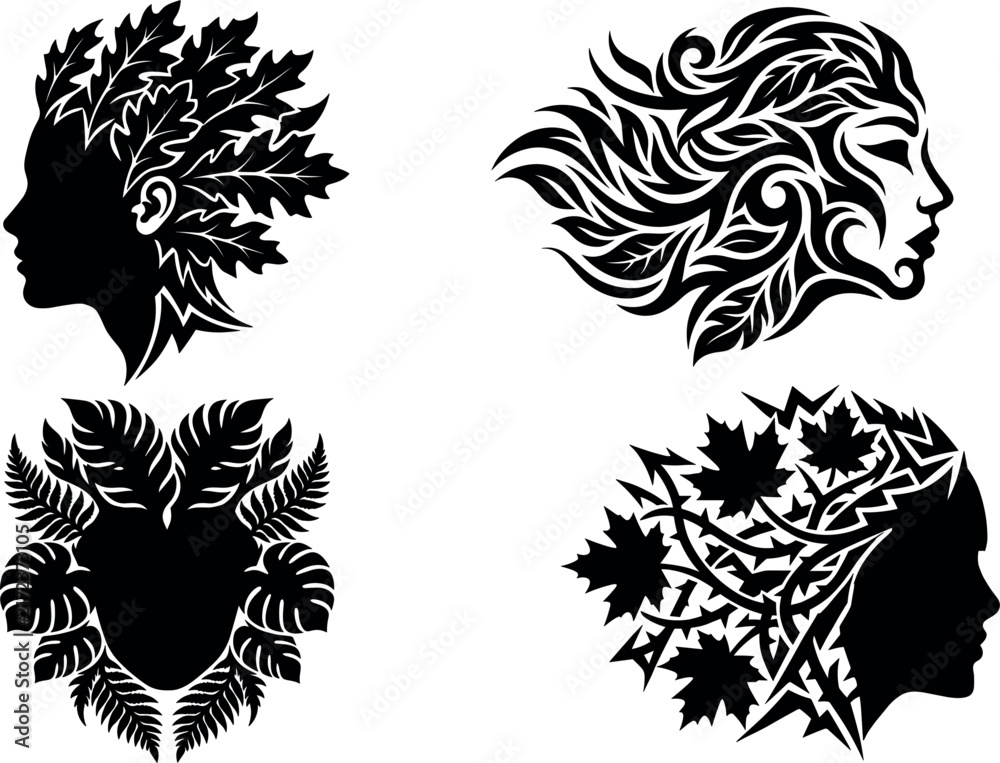 Fototapeta premium Floral silhouettes of female profiles showcase botanical ornamentation and delicate design elements silhouette