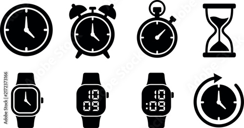 Photography Collection of black silhouette timekeeping devices including clocks chronometer