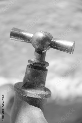 Detalle de grifo antiguo fotografiado en blanco y negro.