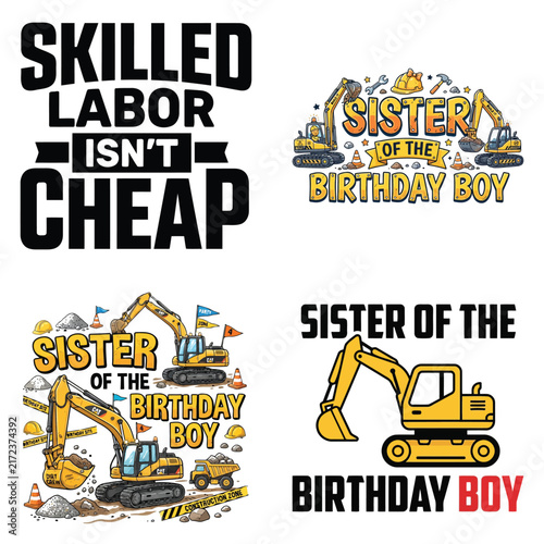 Collection of skilled labor and excavator birthday boy vector designs