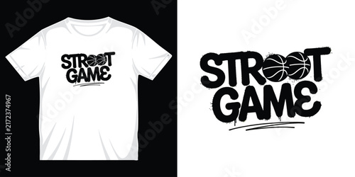 Street game basketball t-shirt design with black distressed graffiti typography and two basketball graphics. t-shirt