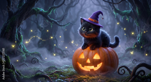 Black kitten wearing witch hat on Halloween pumpkin
