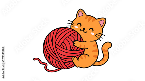 Cute Orange Tabby Cat Playing With A Large Ball Of Red Yarn Illustration