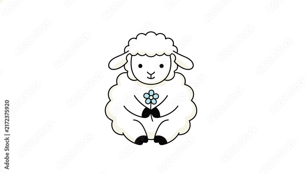 Fototapeta premium Adorable white fluffy sheep sitting down and holding a small blue flower with a gentle smile on its face.