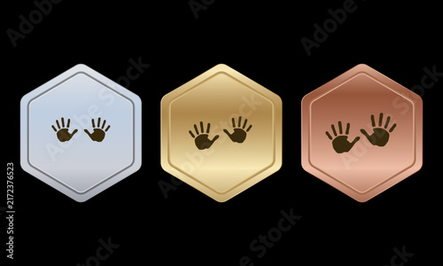 Hexagonal metal badges with handprints, 3 colors, silver, gold, copper vector set, emblem, award, symbol, icon, sticker, isolation on black background