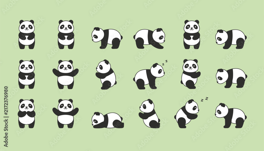 Obraz premium Charming pattern of eighteen pixel art pandas in various cute poses and actions over a light green background.