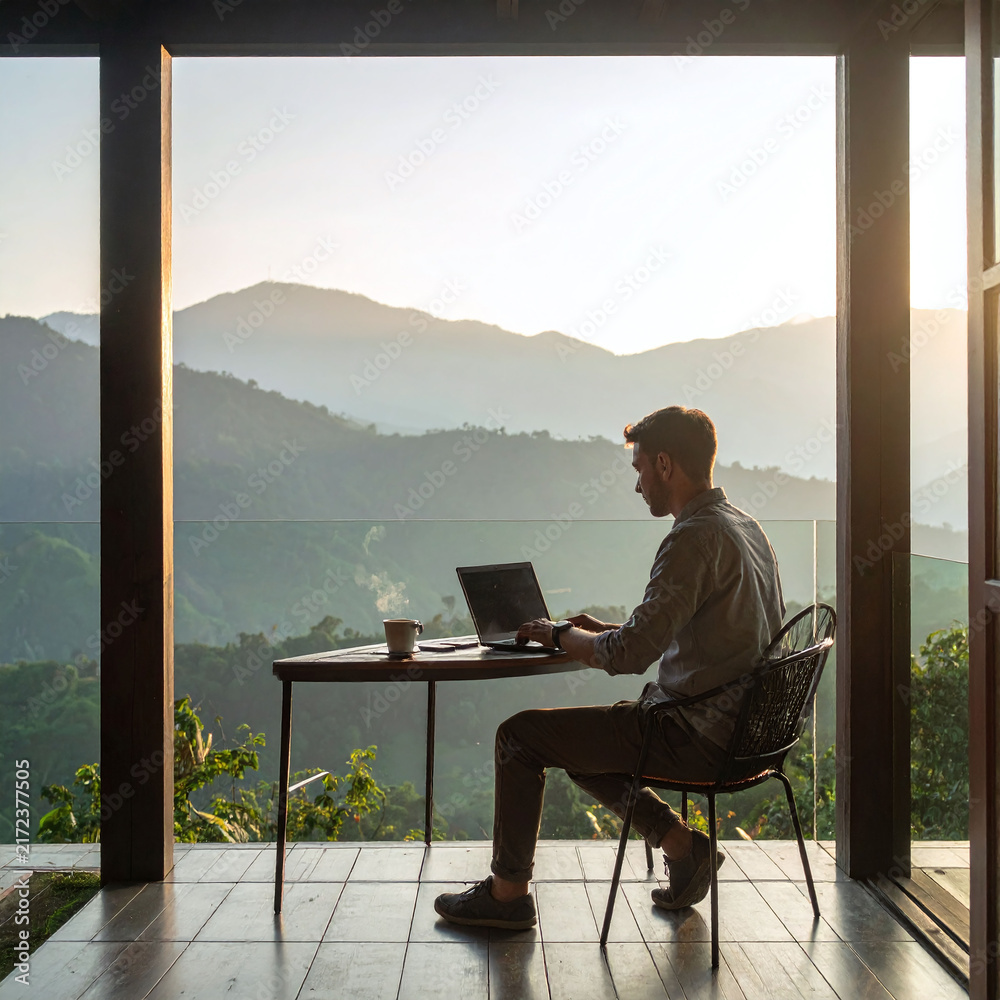 Naklejka premium A man works remotely on a laptop at a modern wooden balcony overlooking serene misty mountains during sunrise. This tranquil workspace evokes freedom, productivity, and professional worklife balance.