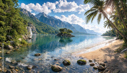 Mountain Lake View with Island and Waterfall