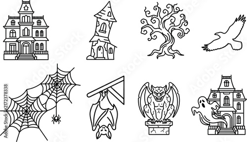 A collection of antique engraved illustrations depicting medieval buildings and people presented as isolated elements on a clear transparent backdrop