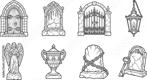 An antique assortment of detailed gravestones and classic cemetery monuments presented in a hand drawn sketch style on a clear transparent backdrop
