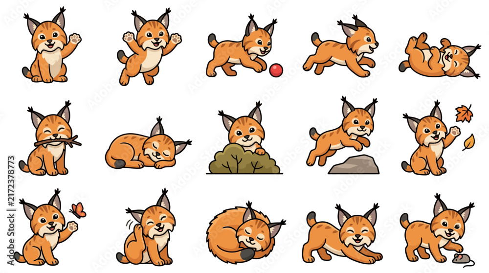 Obraz premium Cute cartoon lynx cub collection in various playful poses.