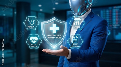 Futuristic cyborg businessman holding a digital holographic shield representing healthcare protection and medical services