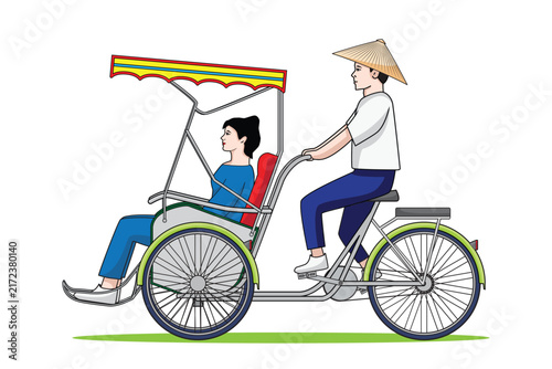 Line art Illustration vector traditional three-wheeled bicycle taxi or tricycle with women passenger riding by a man wearing Vietnamese style hats called Non la hats drawing in colorful